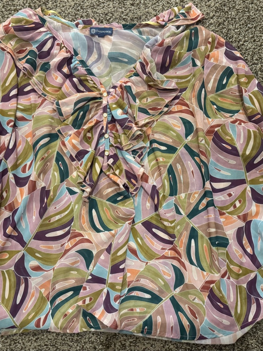 Democracy Ruffled V-Neck Blouse in Multi Pastel Leaf Print